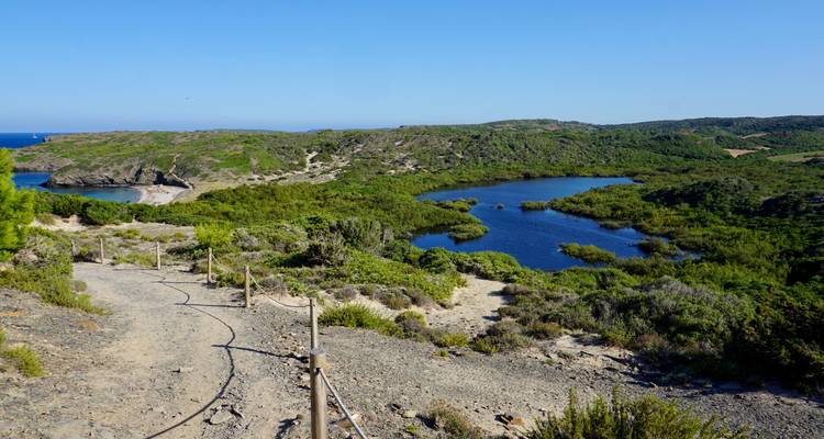 Paisaje natural con un sendero que conduce a lagos azules.