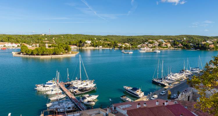 Marina with boats docked and buildings in the background.