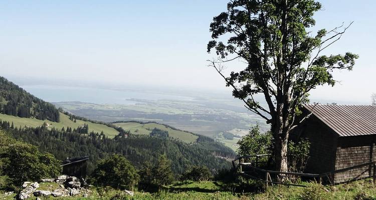 Une vue dégagée d'une vallée avec un lac au loin.
