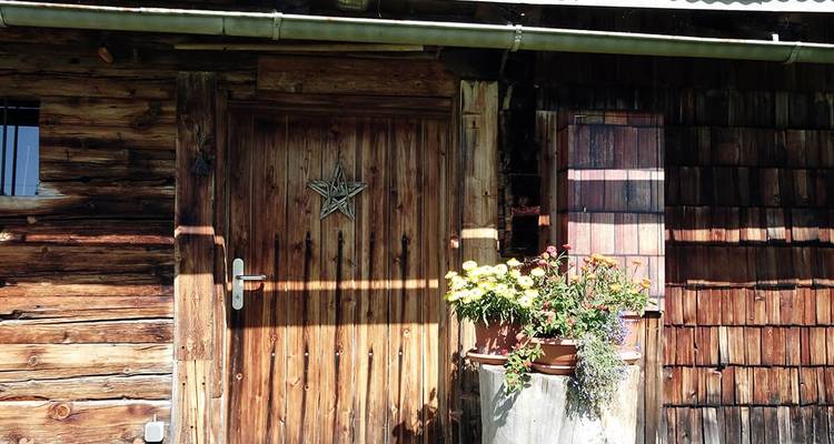 Porte en bois rustique avec décoration de pot de fleurs.