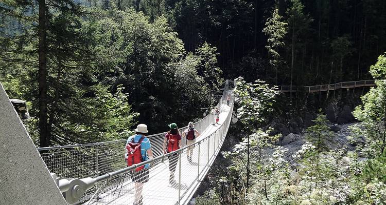 Personas cruzando un puente colgante en una zona boscosa.