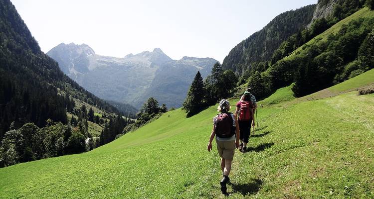 Groupe en randonnée le long d'un sentier de vallée avec des montagnes en arrière-plan.