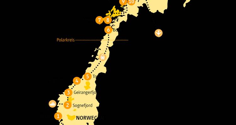 Gestyleerde kaart die een reisroute door kusten Noord-Noorwegen illustreert.