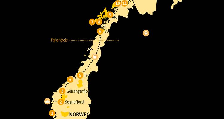 Eenvoudige routekaart van Noord-Noorwegen met belangrijkste stops en reisroute met pictogrammen.