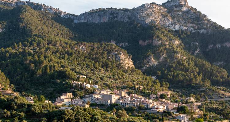 Village nestled in forested mountains at dusk.