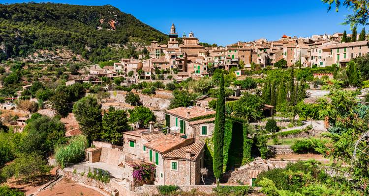 Charming hillside village with lush surroundings and clear skies.