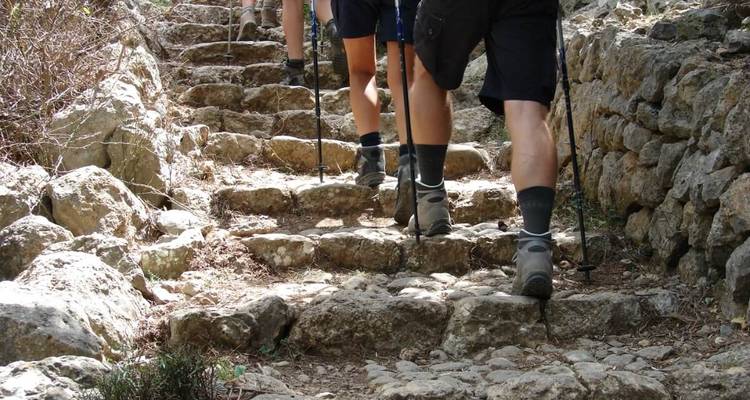 Close-up of hikers' legs on a stone staircase.