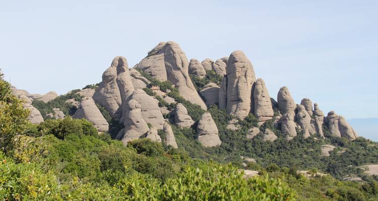 Formations rocheuses uniques avec une végétation dense à la base.