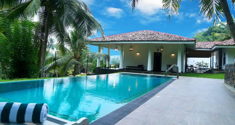 Luxuriöser Poolblick mit Palmen und einer Villa.