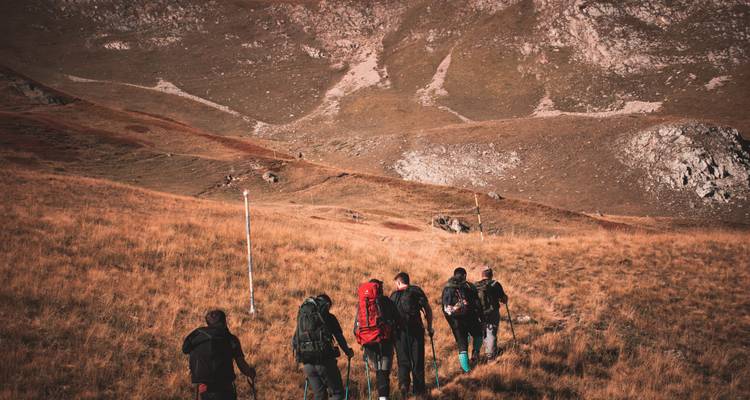 Groupe de randonneurs marchant sur un sentier de montagne.
