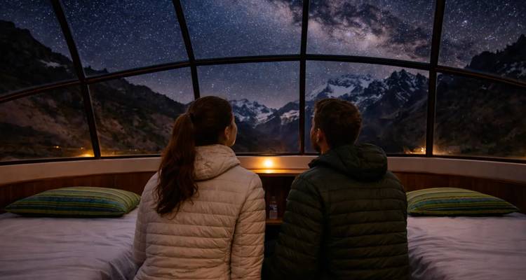 Una pareja yace en una cama de cúpula transparente mirando hacia la Vía Láctea enmarcada por picos andinos.