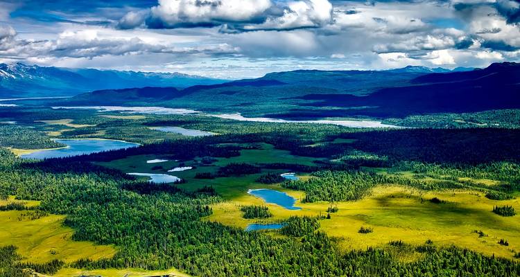Paysage expansif de forêts et de lacs sous un ciel nuageux.