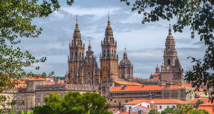 La ornada Catedral de Santiago de Compostela con sus dos torres gemelas elevándose sobre tejados naranjas enmarcada por árboles verdes.