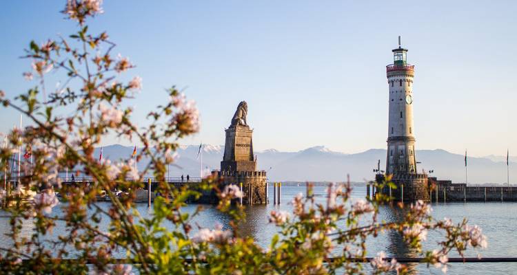Entrée du port avec la statue du Lion de Bavière et le phare blanc encadrés par les fleurs printanières et les Alpes lointaines.