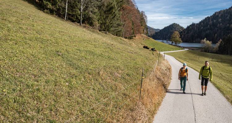 Two hikers stroll along a rural paved path beside a lakeside hillside on a sunny day