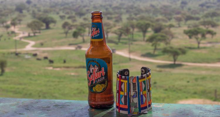 Fles Safari Lager met een schilderachtig uitzicht op een savanne.