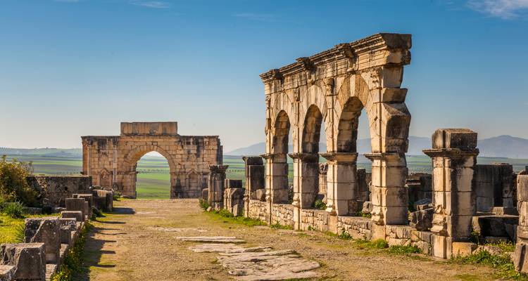 Fila de arcos romanos con vista a las llanuras verdes en el sitio histórico de Volubilis.