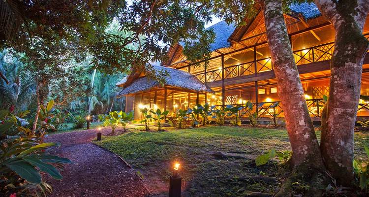 Warmly lit wooden lodge nestled in lush rainforest, viewed along a lantern-lined path at dusk.