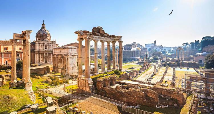 Ruinas bañadas por el sol del Foro Romano con columnas clásicas y el horizonte de la ciudad de fondo