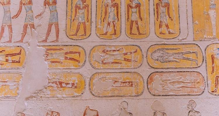 Close-up of ancient Egyptian wall carvings.