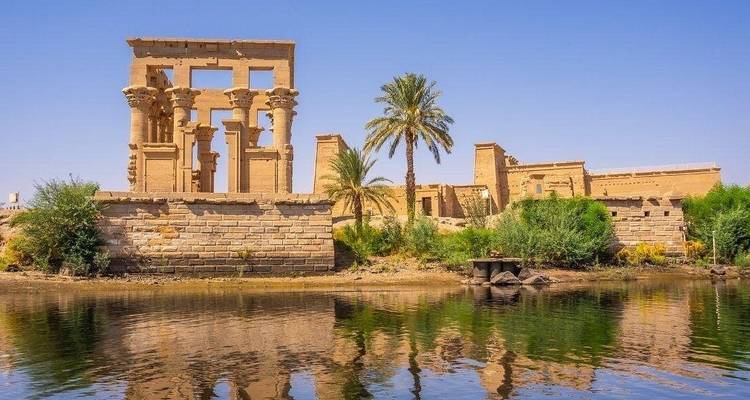 View of Philae Temple over water.