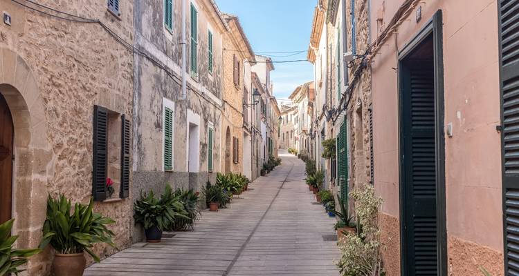 Une rue pittoresque bordée de bâtiments rustiques aux volets fermés et de plantes en pot.