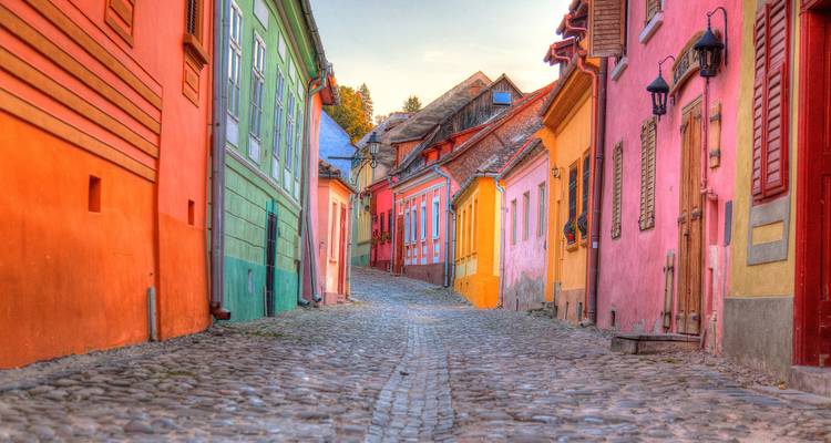 Rue colorée bordée de bâtiments historiques.