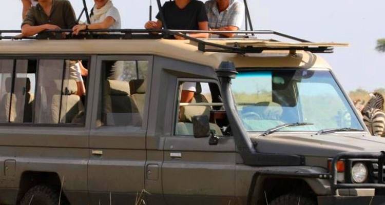 Turistas en un vehículo de safari con animales en el fondo.