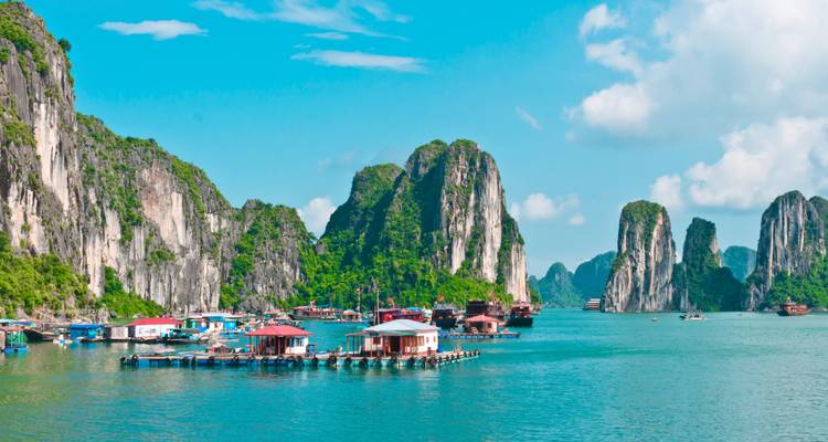 Beautiful scene at Ha Long Bay with karst formations and calm waters.