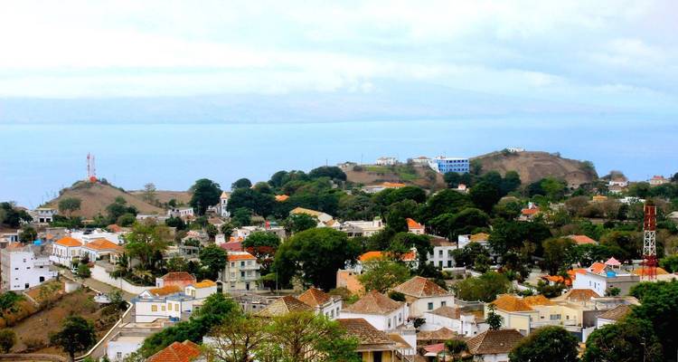 Blick über eine Küstenstadt mit orangen Dächern und üppigem Grün.