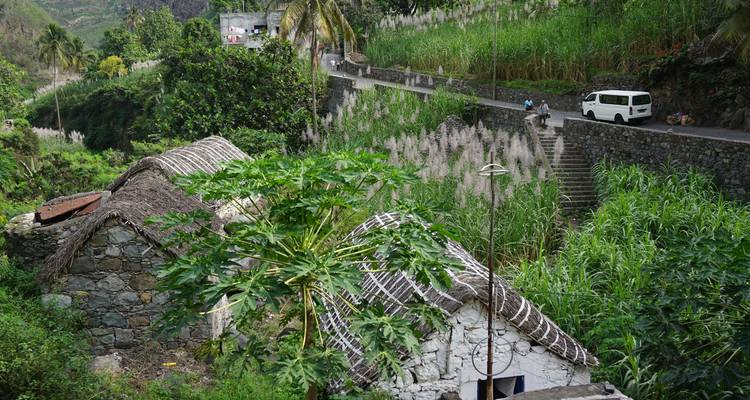 Üppige grüne Landschaft mit traditionellen Steinhäusern und einer Straße mit einem Fahrzeug.
