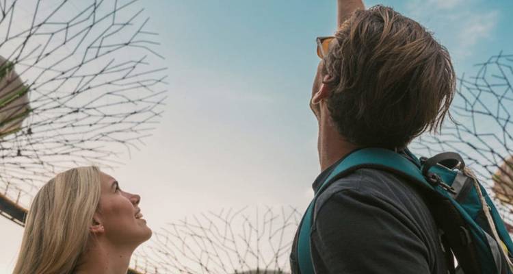 Un couple admire les imposantes structures Supertree dans les Gardens by the Bay de Singapour.