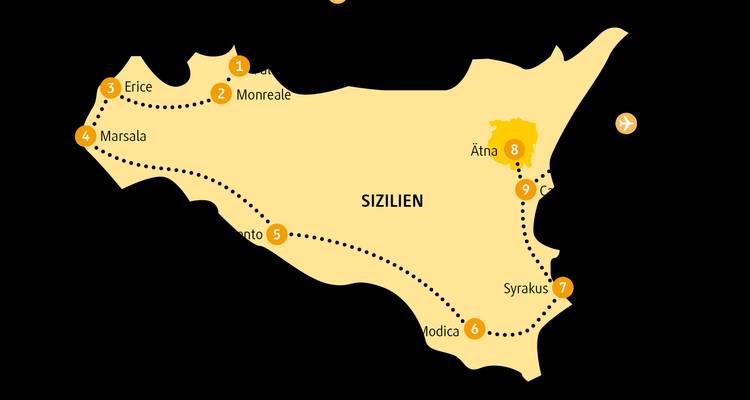 Carte simplifiée des itinéraires en langue allemande présentant un itinéraire autour de l'île de Sicile.