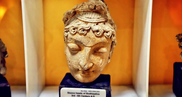 Escultura de cabeza de estuco de una exhibición de museo.