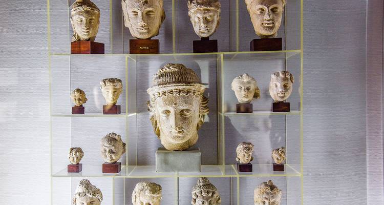 Collection of ancient stone carvings and artifacts on display.