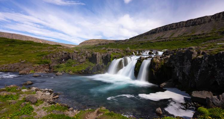 Small waterfall flowing into a serene pool surrounded by greenery.