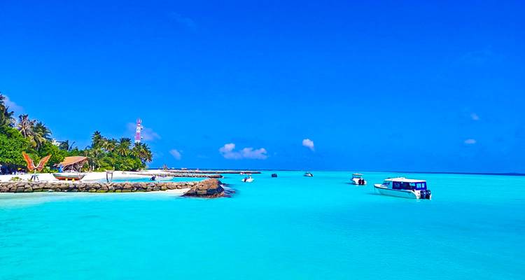 Tropical island resort with overwater bungalows and clear blue waters.