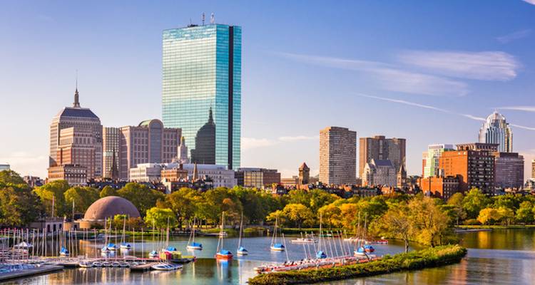 Daytime city skyline with tall buildings and green foreground.