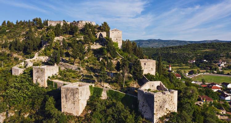 Historic fortress with multiple towers amidst a wooded area.