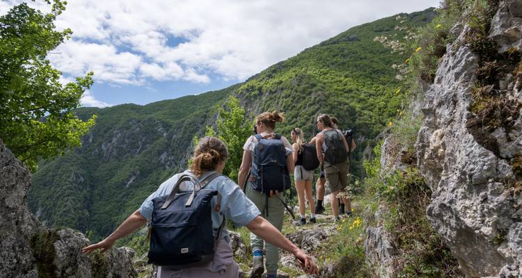 Group of hikers navigate a rocky cliffside trail with forested mountains around.