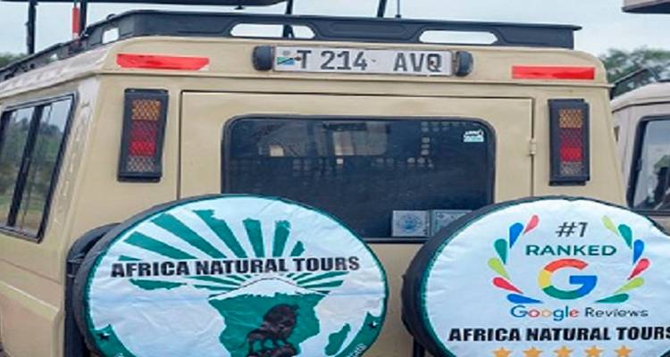 Rückseite eines Safari-Fahrzeugs mit Tour-Branding.