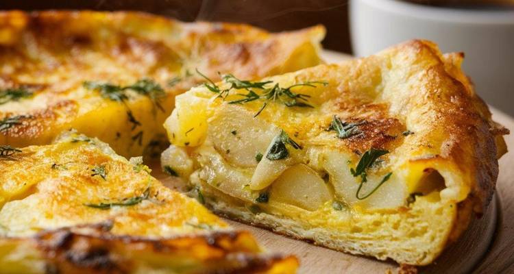 Gros plan d'une tranche de tortilla espagnole avec des pommes de terre et des herbes sur une planche en bois