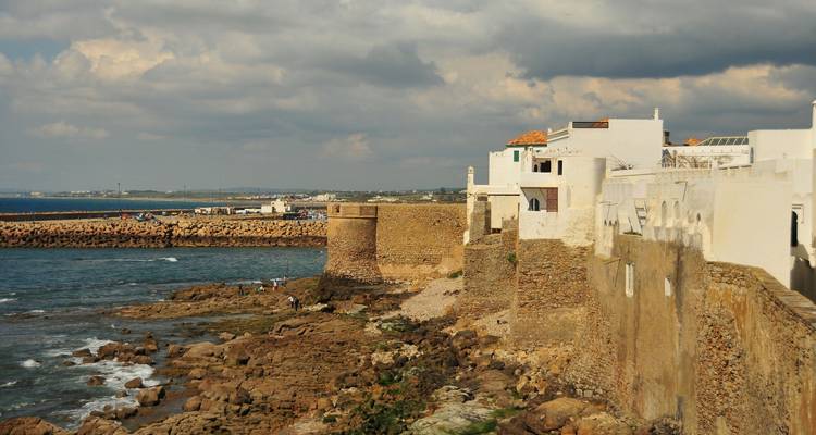 Coastal landscape with stone walls and houses leading up to the sea.
