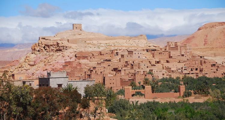 Traditional Moroccan village with desert landscape.