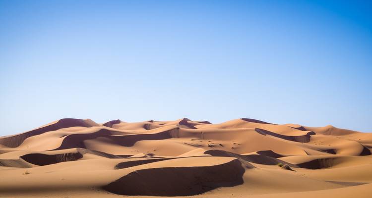 Vast desert sand dunes under a clear sky.