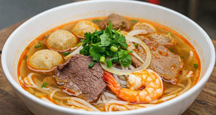 Un bol de soupe épicée vietnamienne aux nouilles avec du bœuf et des crevettes.