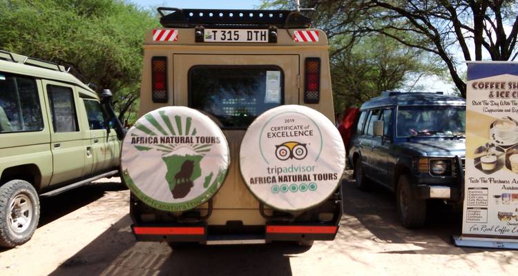 Rückansicht eines Safari-Fahrzeugs mit Logos von Reiseunternehmen.