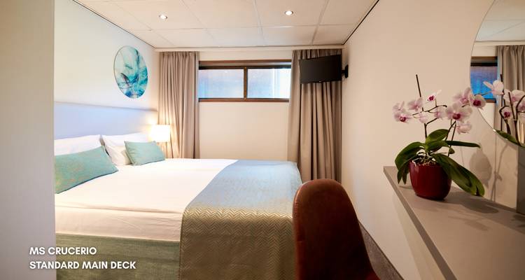 Standaardcabine met tweepersoonsbed, orchideedecoratie en wandgemonteerde tv op een riviercruiseschip.