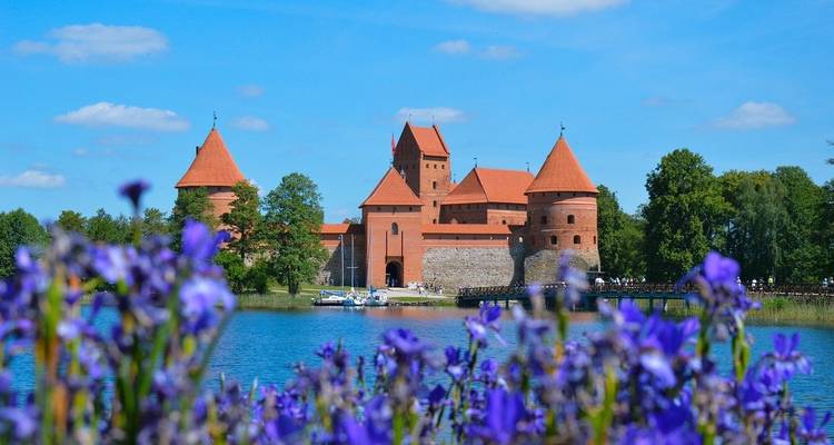 Historic castle by a lake with vibrant flowers in the foreground.