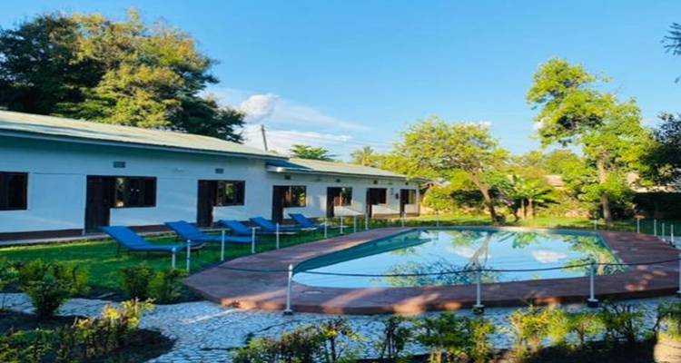 Lodge with pool and sun loungers in a garden setting.